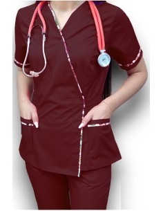 Costum medical grena Kimono cu insertie florala 2