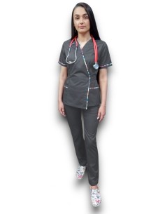 Costum medical gri Kimono, din tercot elastic, cu insertie florala
