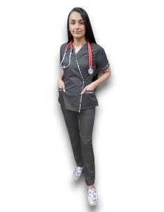 Costum medical gri Kimono, din tercot elastic, cu insertie florala 2