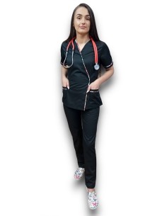 Costum medical negru Kimono, din tercot elastic, cu insertie florala