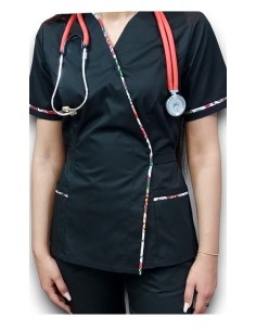 Costum medical negru Kimono, din tercot elastic, cu insertie florala 2