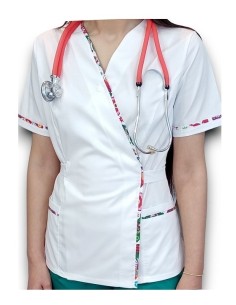 Costum medical Kimono, halat alb, pantaloni verde spital, din tercot elastic 2