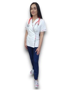 Costum medical Kimono, halat alb, pantaloni bleumarin, din tercot elastic 2