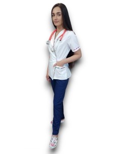 Costum medical Kimono, halat alb, pantaloni bleumarin, din tercot elastic