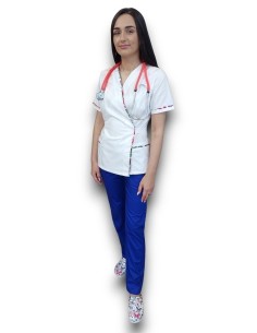 Costum medical Kimono, halat alb, pantaloni albastru royal, din tercot elastic