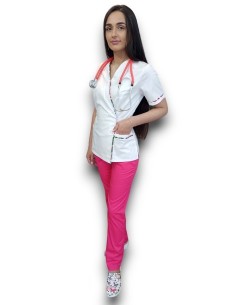 Costum medical Kimono, halat alb, pantaloni ciclam, din tercot elastic