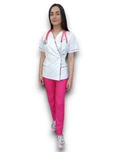 Costum medical Kimono, halat alb, pantaloni ciclam, din tercot elastic 2