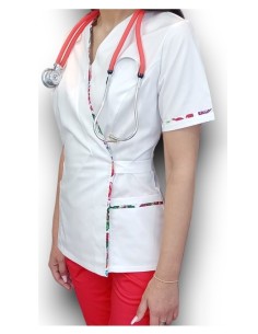 Costum medical Kimono, halat alb, pantaloni rosii, din tercot elastic 2
