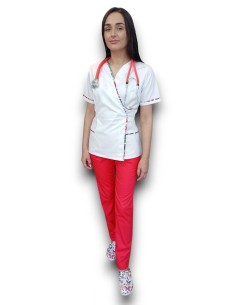 Costum medical Kimono, halat alb, pantaloni rosii, din tercot elastic
