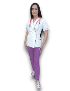 Costum medical Kimono, halat alb, pantaloni mov