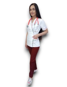 Costum medical Kimono, halat alb, pantaloni grena