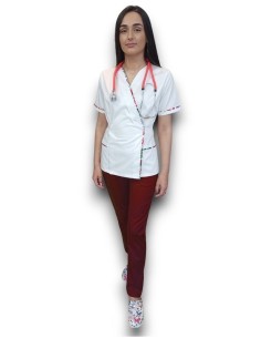 Costum medical Kimono, halat alb, pantaloni grena 2