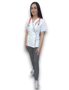 Costum medical Kimono, halat alb, pantaloni gri, din tercot elastic