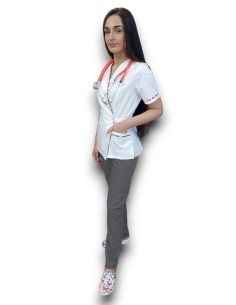 Costum medical Kimono, halat alb, pantaloni gri, din tercot elastic 2