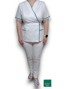 Costum medical Kimono, alb cu insertie verde, din tercot elastic
