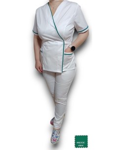 Costum medical Kimono, alb cu insertie verde, din tercot elastic 2
