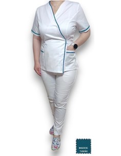 Costum medical Kimono, alb cu insertie verde tuborg, din tercot elastic