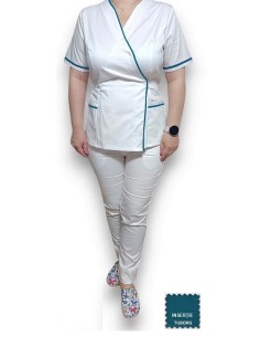 Costum medical Kimono, alb cu insertie verde tuborg, din tercot elastic 2