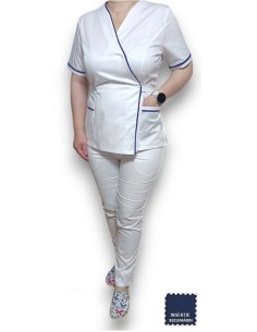 Costum medical Kimono, alb cu insertie bleumarin, din tercot elastic 2