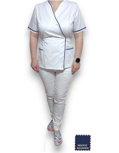 Costum medical Kimono, alb cu insertie bleumarin, din tercot elastic