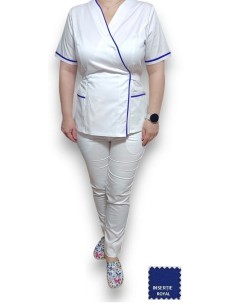 Costum medical Kimono, alb cu insertie albastru royal, din tercot elastic 2