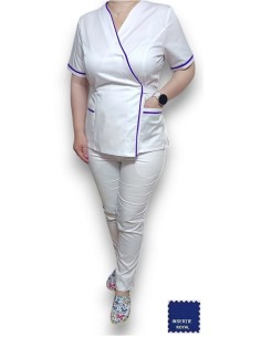 Costum medical Kimono, alb cu insertie albastru royal, din tercot elastic
