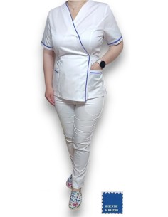 Costum medical Kimono, alb cu insertie albastra, din tercot elastic 2