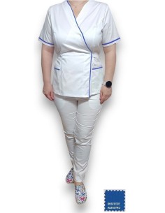 Costum medical Kimono, alb cu insertie albastra, din tercot elastic