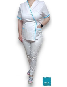 Costum medical Kimono, alb cu insertie turcoaz, din tercot elastic