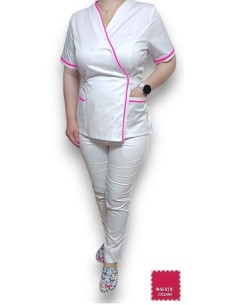 Costum medical Kimono, alb cu insertie ciclam, din tercot elastic 2