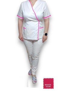 Costum medical Kimono, alb cu insertie ciclam, din tercot elastic