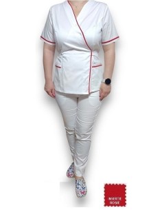 Costum medical Kimono, alb cu insertie rosie, din tercot elastic 2