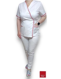 Costum medical Kimono, alb cu insertie rosie, din tercot elastic