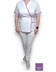 Costum medical Kimono, alb cu insertie mov, din tercot
