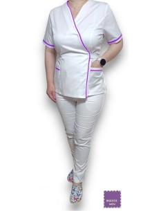 Costum medical Kimono, alb cu insertie mov, din tercot 2