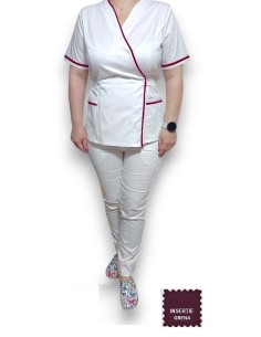 Costum medical Kimono, alb cu insertie grena 2
