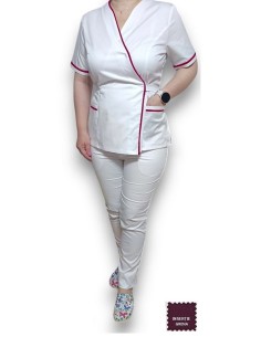 Costum medical Kimono, alb cu insertie grena