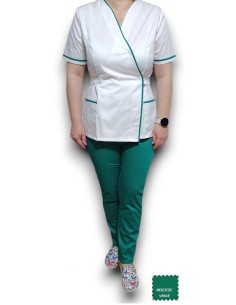Costum medical Kimono, alb-verde spital, insertie verde, din tercot elastic