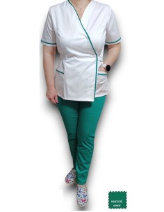 Costum medical Kimono, alb-verde spital, insertie verde, din tercot elastic 2