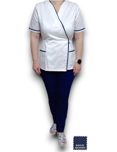Costum medical Kimono, alb-bleumarin, insertie bleumarin, din tercot