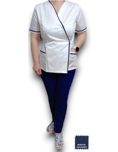 Costum medical Kimono, alb-bleumarin, insertie bleumarin, din tercot 2