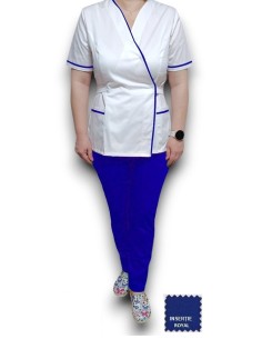 Costum medical Kimono, alb-albastru royal, insertie albastru royal, din tercot 2