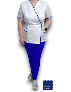 Costum medical Kimono, alb-albastru royal, insertie albastru royal, din tercot