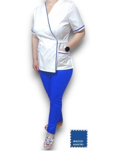 Costum medical Kimono, alb-albastru, insertie albastra, din tercot elastic 2