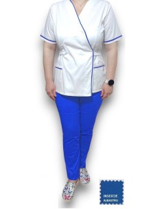 Costum medical Kimono, alb-albastru, insertie albastra, din tercot elastic
