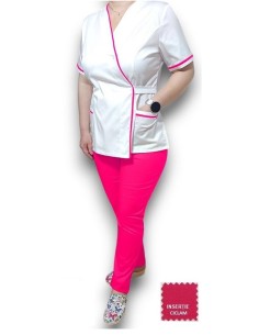 Costum medical Kimono, alb-ciclam, insertie ciclam, din tercot elastic 2