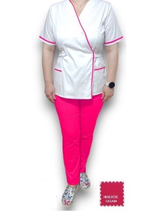 Costum medical Kimono, alb-ciclam, insertie ciclam, din tercot elastic