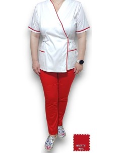 Costum medical alb-rosu Kimono, din tercot elastic 2