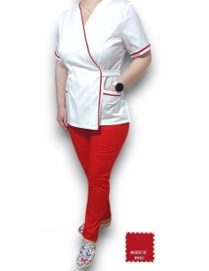 Costum medical alb-rosu Kimono, din tercot elastic
