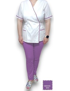 Costum medical Kimono, alb-mov, insertie mov, din tercot